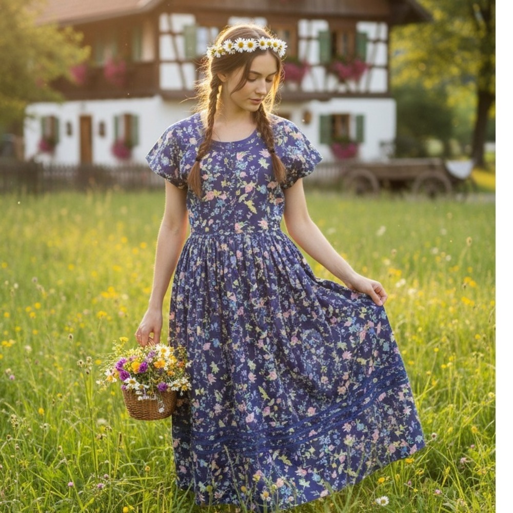 Prairie Floral Cotton Midi Dress in Blue